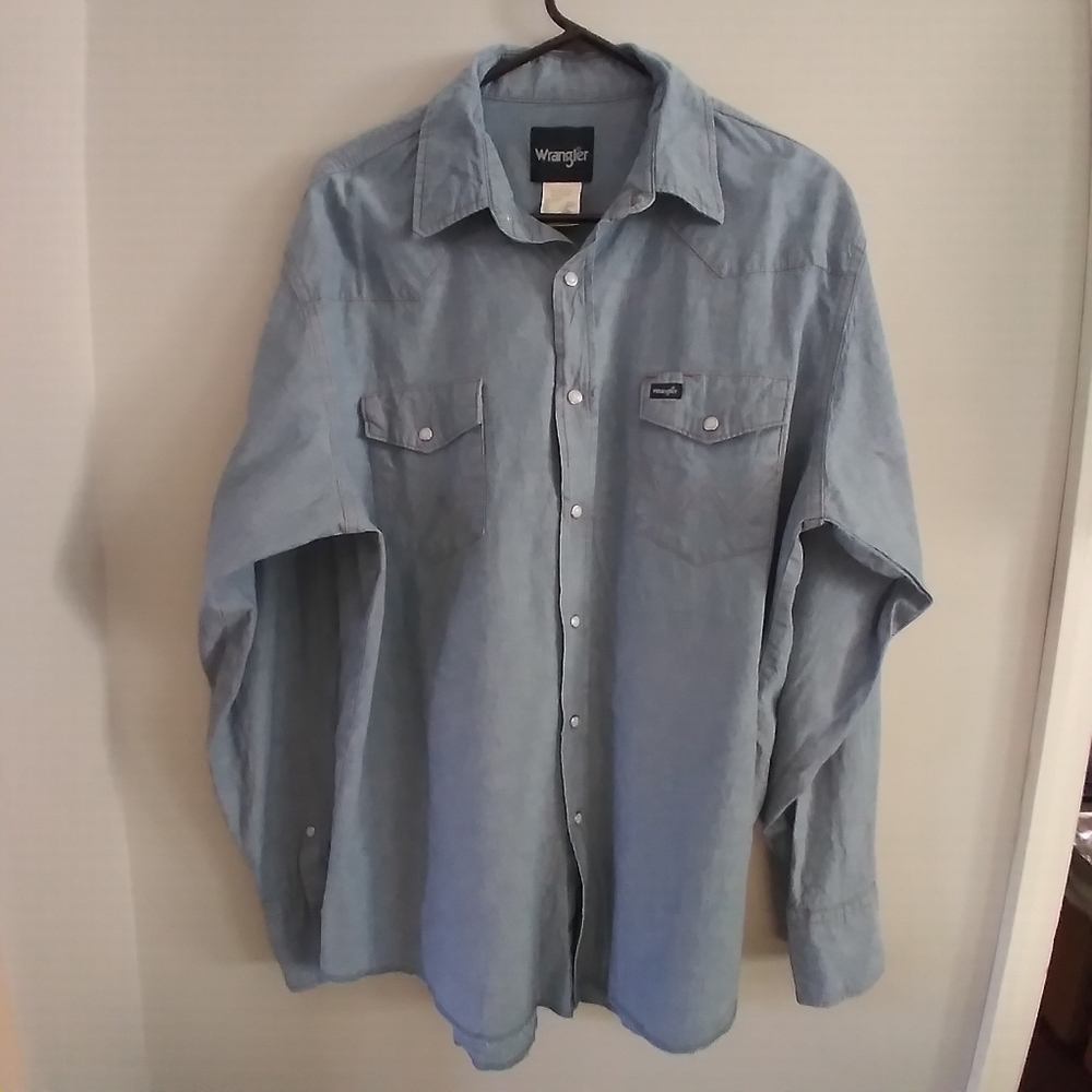 Wrangler Denim Jean Shirt  Vintage Pearl Snap Western Rodeo Cowboy Size XL